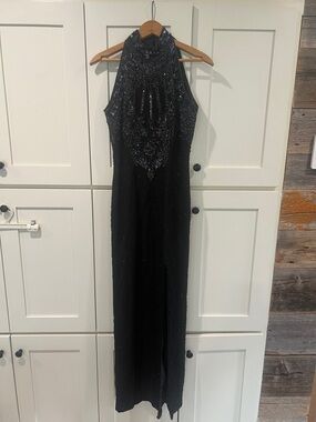 Adrianna Papell Black Beaded High-Neck Evening Gown